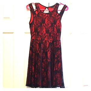 Red flare dress with Black lace overlay